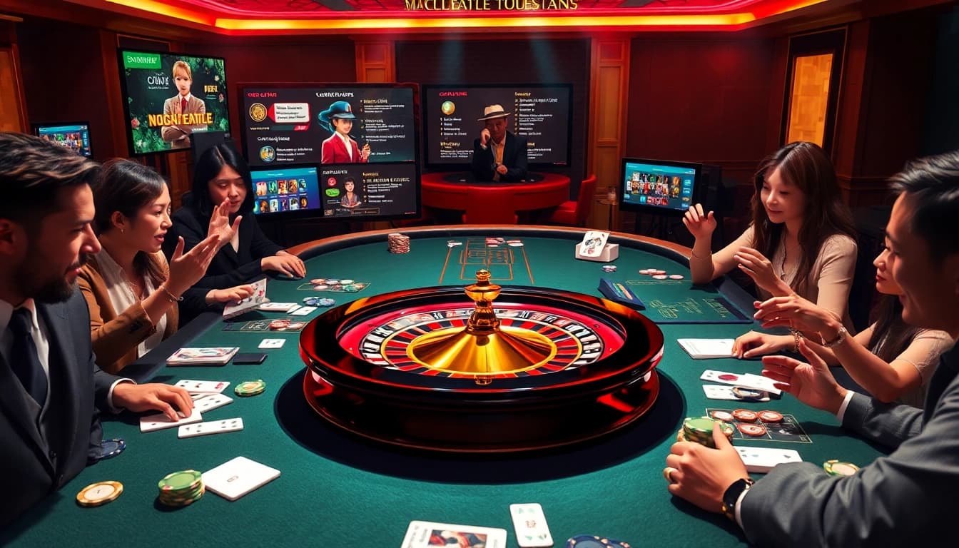 Engaged players using 상품권카드 at a luxury casino table with vibrant chips and cards.