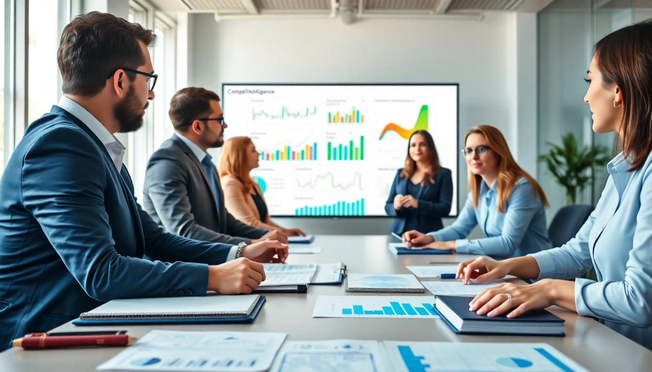 Discussing competitive intelligence faqs during a business meeting with charts and screens.