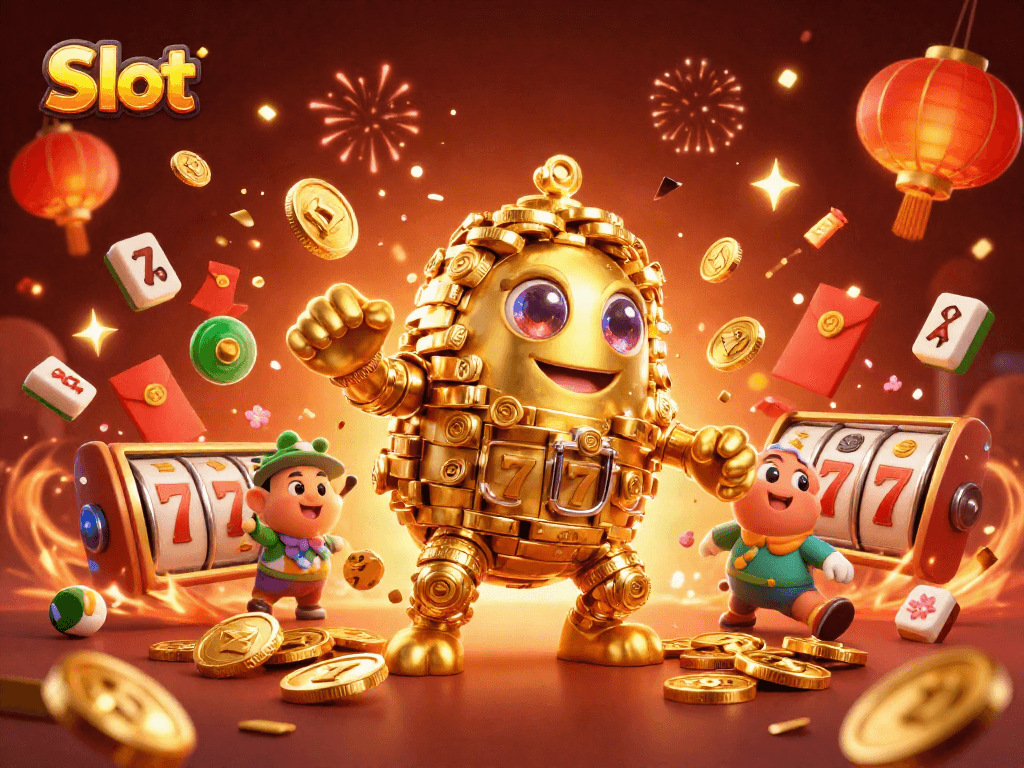 Spin the Slot reels with a golden golem amid colorful celebration elements.