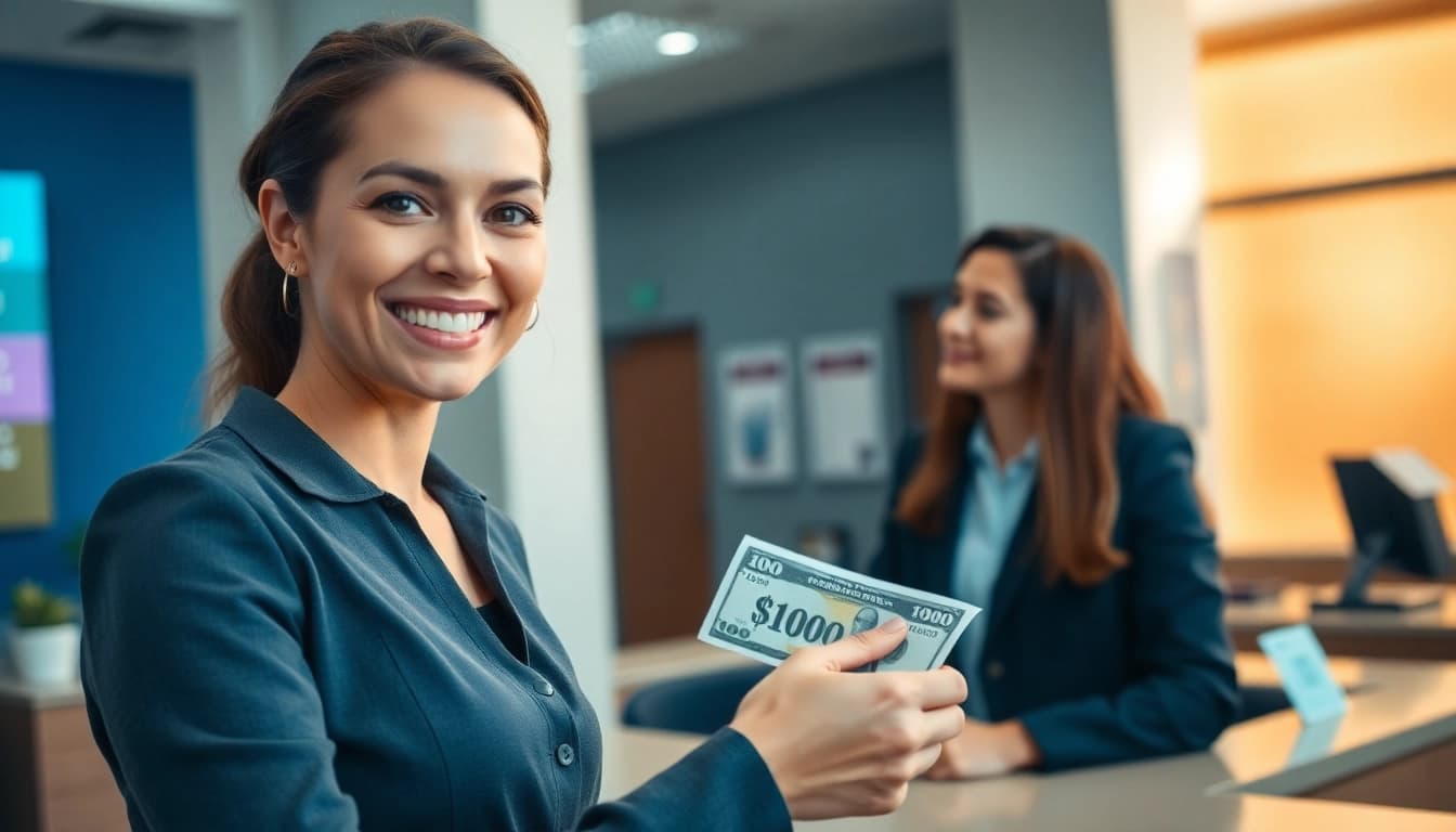 Menyetorkan 1k dalam bentuk uang tunai di bank dengan teller yang ramah.