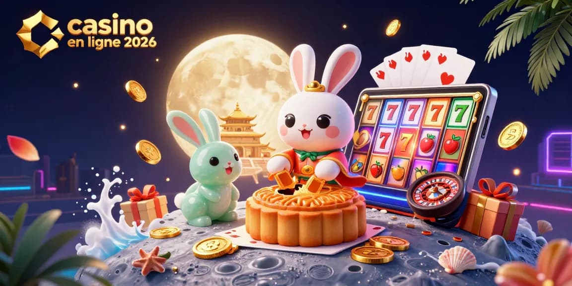 Illustration dynamique de casino en ligne 2026 avec un lapin lunaire jouant et des jetons de poker.