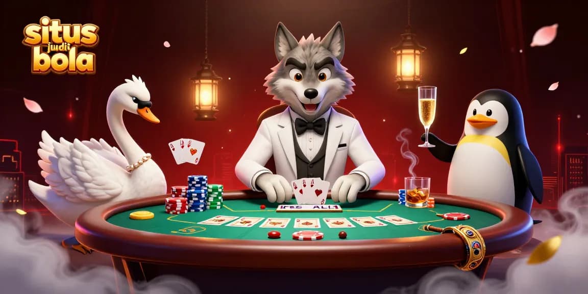 Situs judi bola scene showcasing a debonair wolf at a baccarat table with a swan and penguin, rich with casino elements.