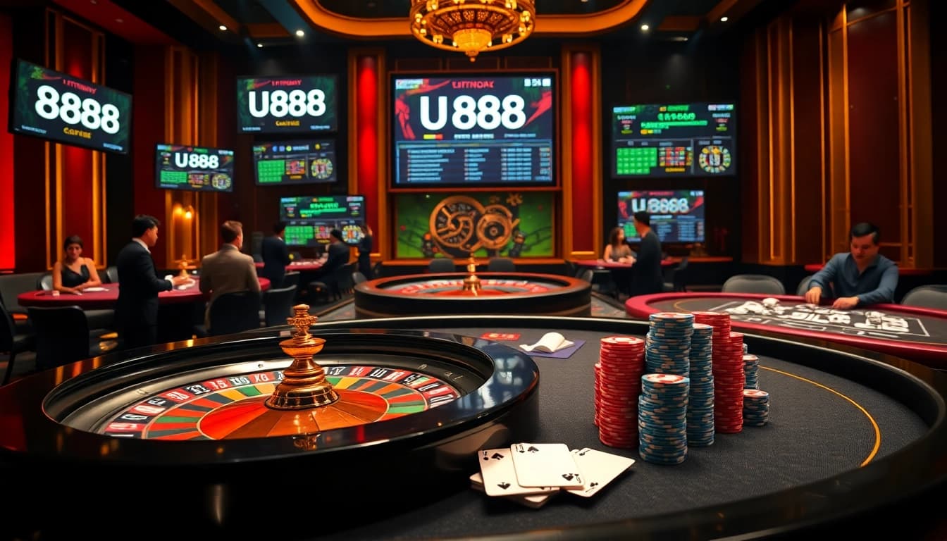 Experience thrilling gameplay at U 888's stunning casino tables with dynamic visuals and vibrant atmosphere.