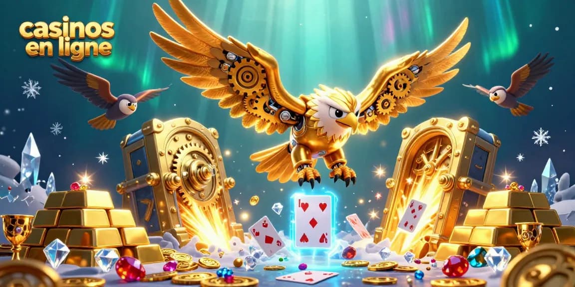 Découvrez les casinos en ligne avec des visuels éclatants illustrant un aigle cybernétique et des cartes de jeu.