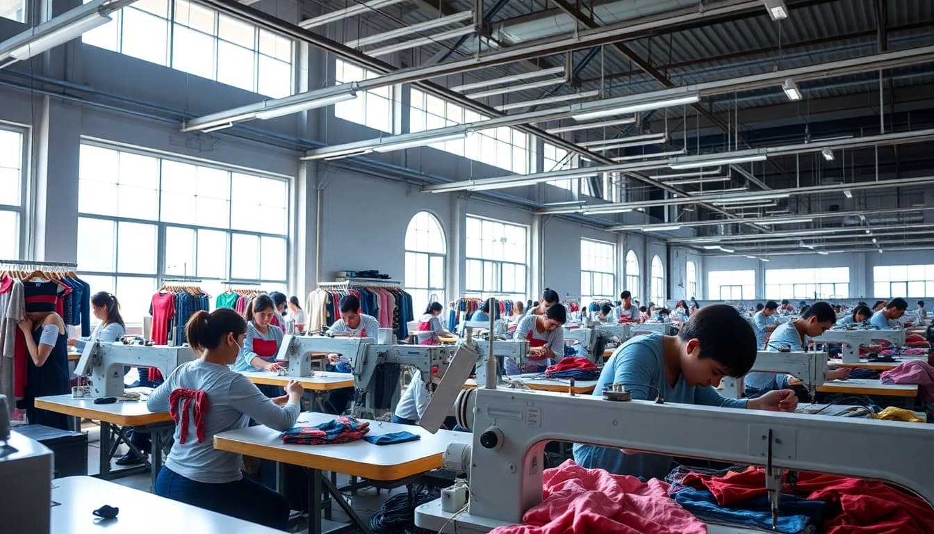 Showcase of Clothing Manufacturer China showcasing skilled workers creating garments in a vibrant factory.