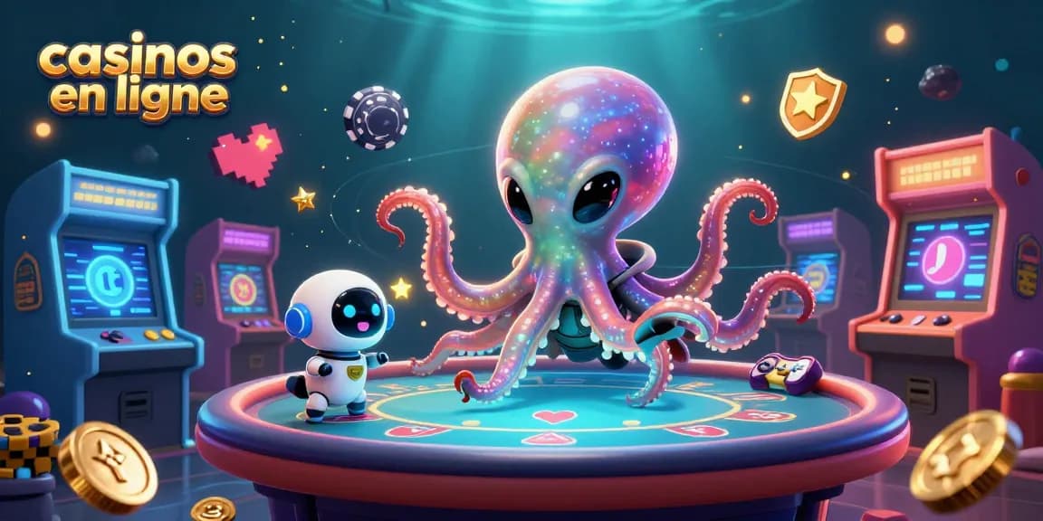 Venez découvrir les casinos en ligne avec une illustration dynamique de l'univers ludique et des jeux captivants.