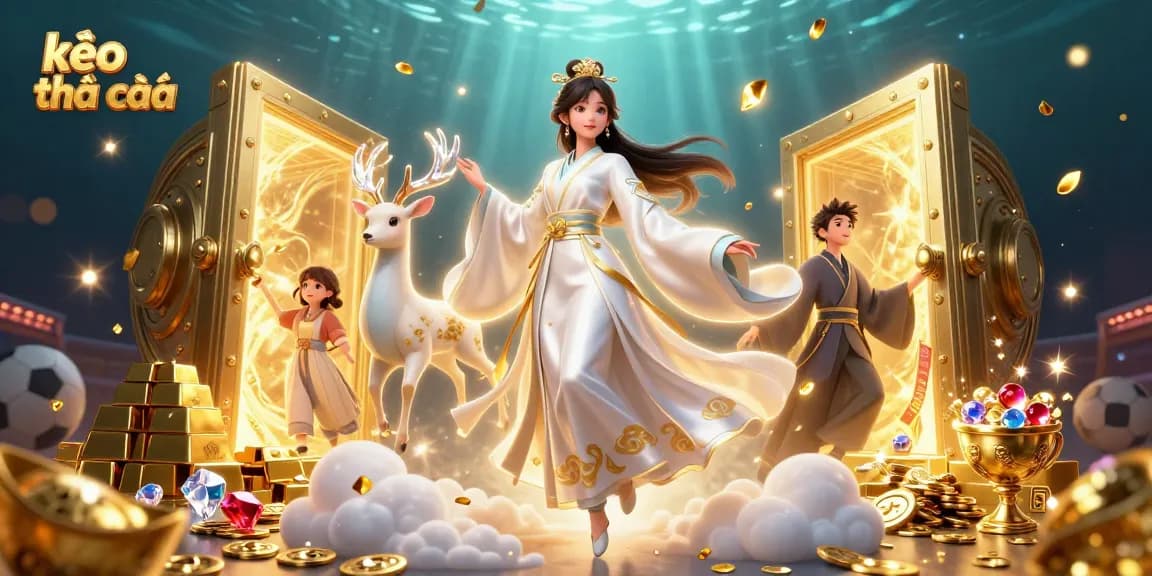 Experience exciting kèo nhà cái action with a stunning Asian woman and a celestial deer amidst golden treasures and sports betting elements.