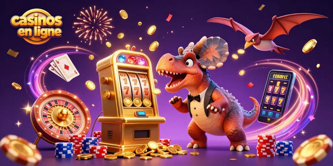 Les casinos en ligne offrent de l'excitation avec un dinosaure en 3D frappant une machine à sous dorée.