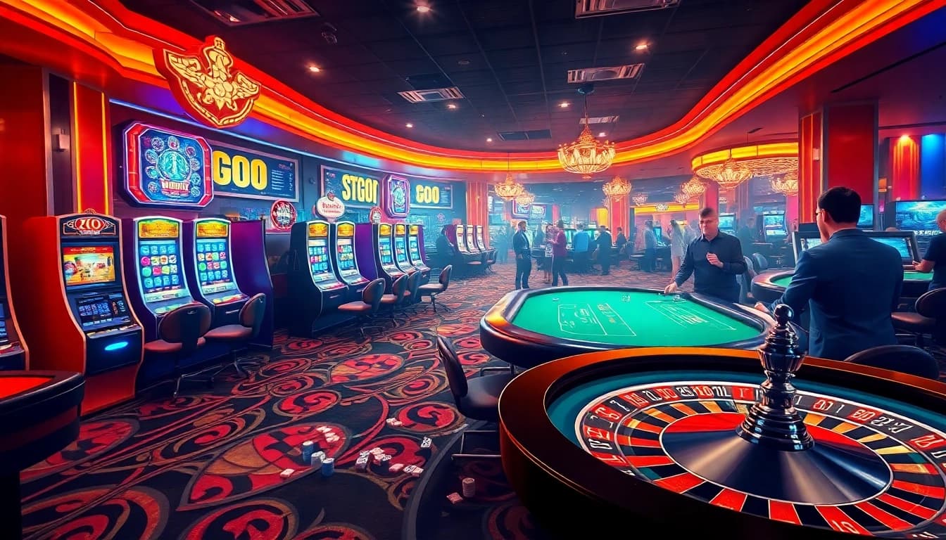 KJC AC 3 casino atmosphere with players at slot machines and poker tables.