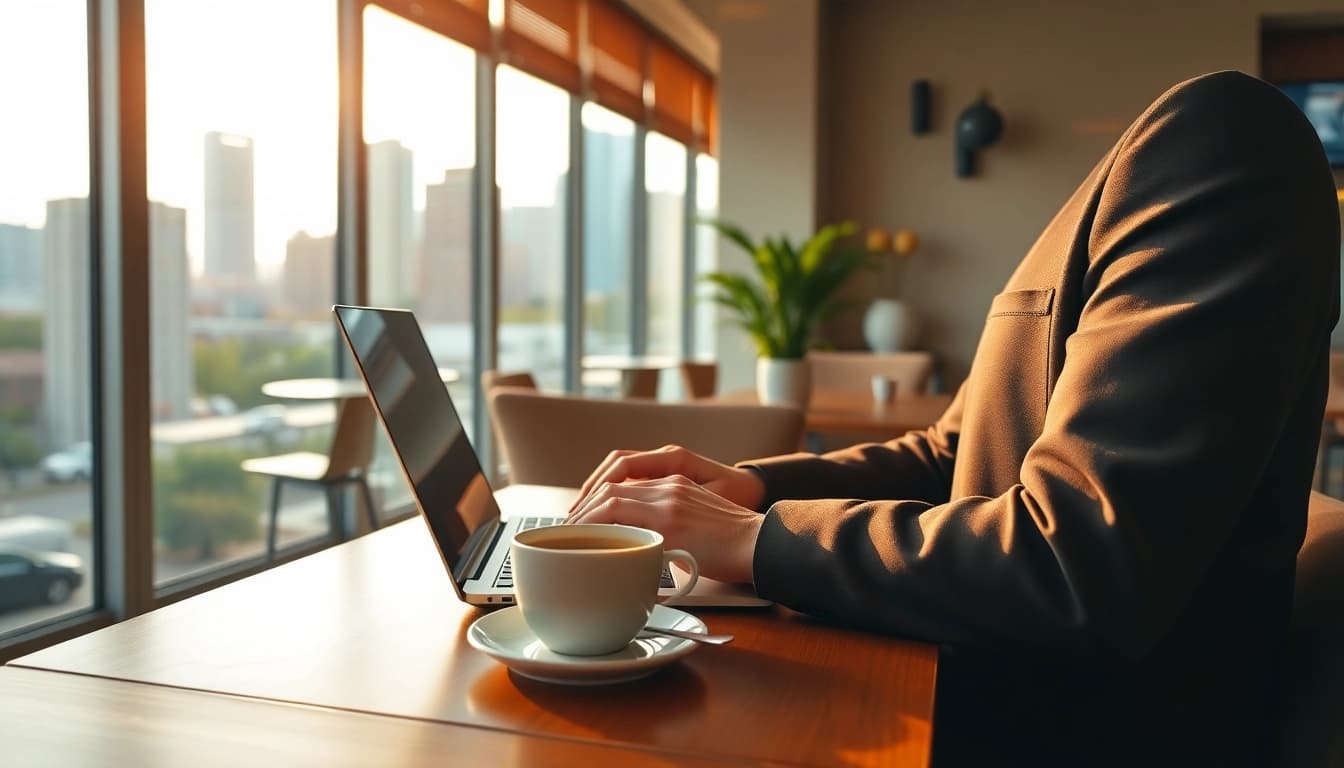 Streamlined process for eta application uk captured in a cafe with a laptop.