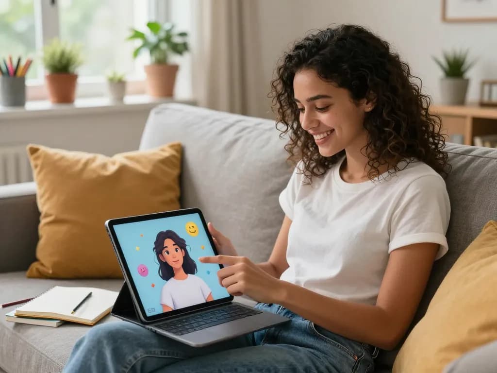 Young woman happily chatting with her AI girlfriend on a tablet in a cozy living room.