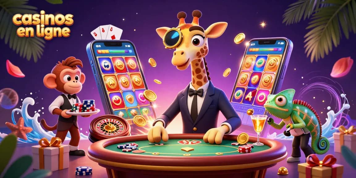 Jouez aux meilleurs casinos en ligne avec un girafe joueur et des éléments de jeu colorés.
