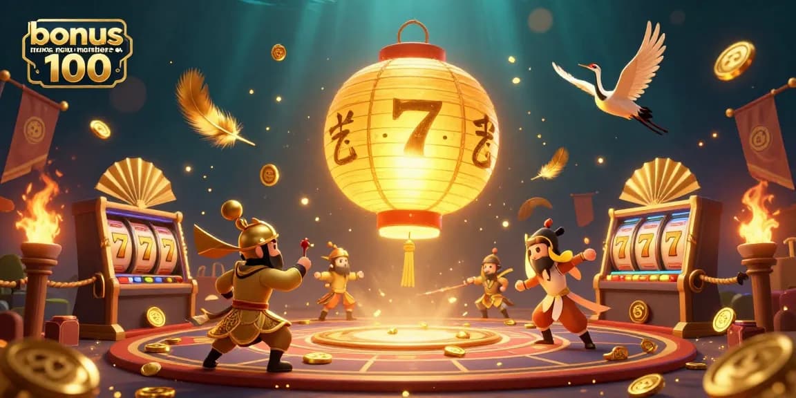 Engage with the thrilling scene of bonus new member 100, featuring golden lantern spirit and slot elements in a rich casino atmosphere.