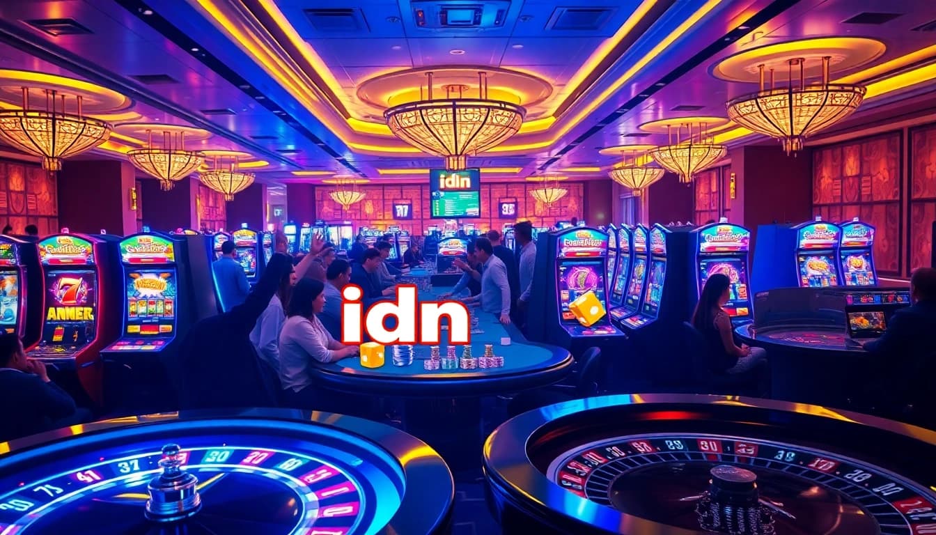 Engaging scene showcasing idn slot action with vibrant slot machines and players celebrating wins.