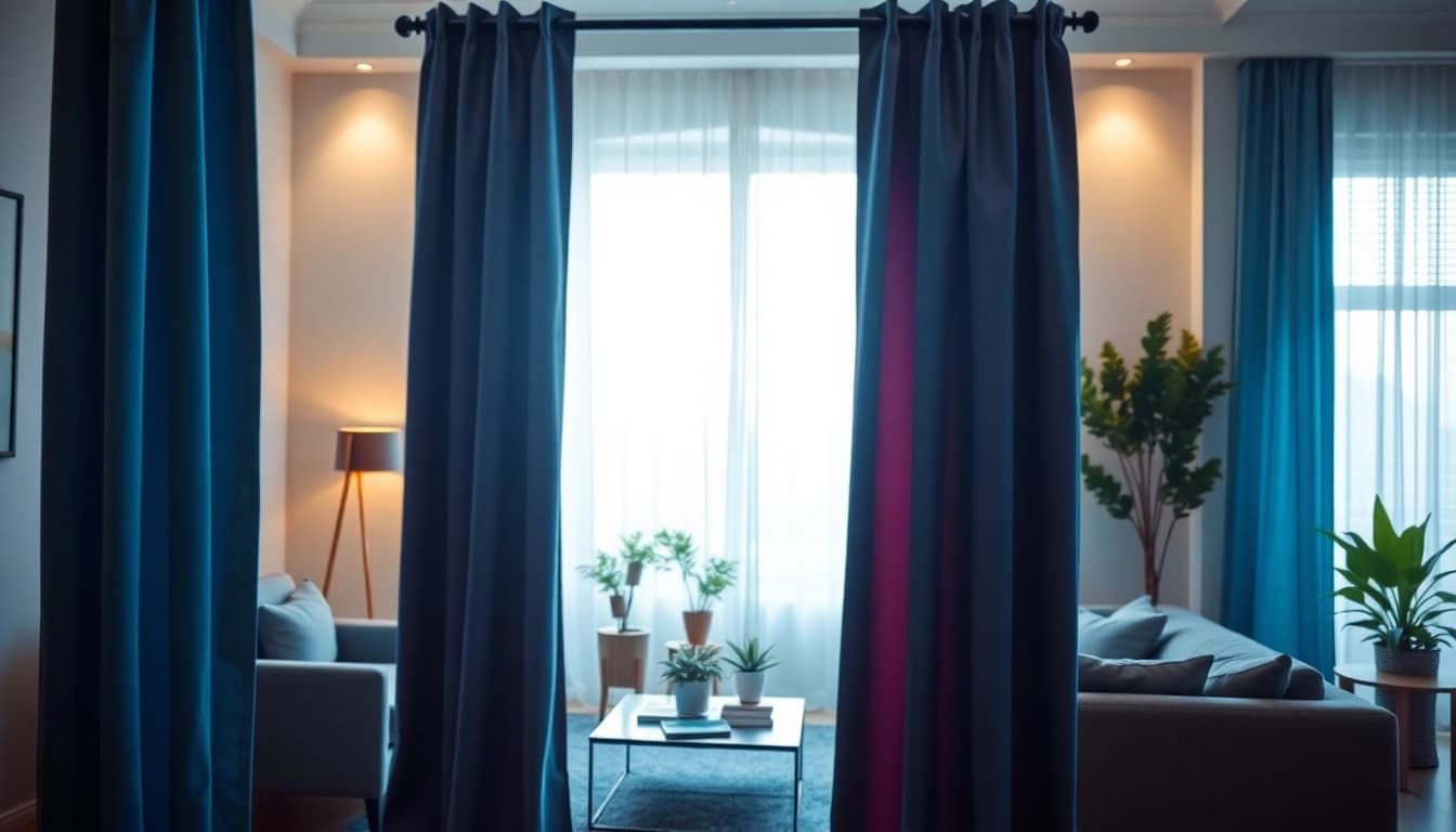 Beleef verduisterende gordijnen in een moderne woonkamer met verschillende stoffen en stijlen.
