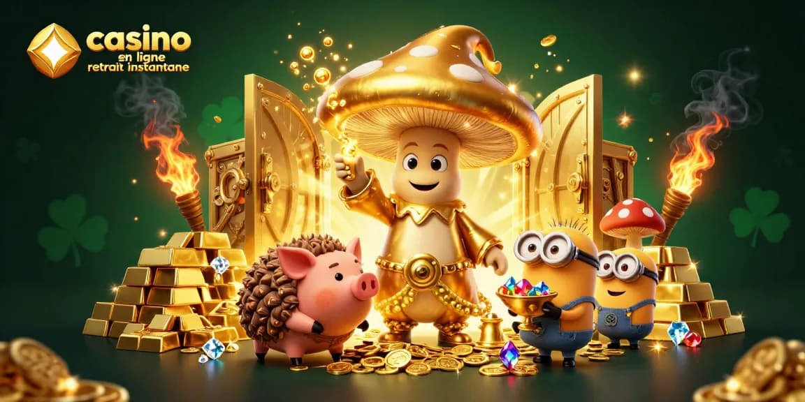 Illustration dynamique représentant un casino en ligne retrait instantané avec des personnages de champignons magiques découvrant des trésors scintillants.