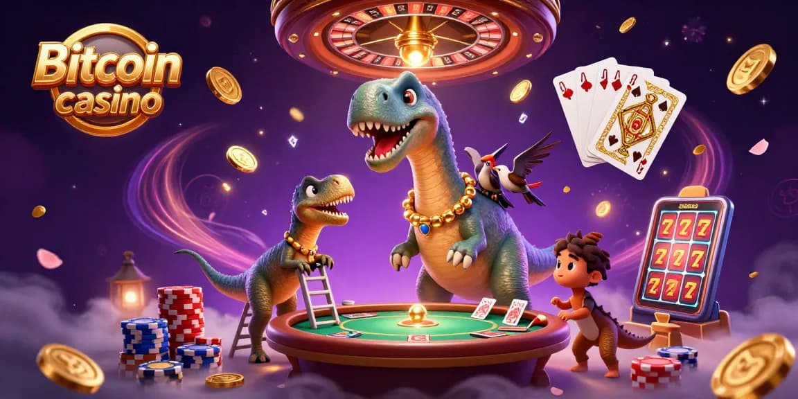 Illustration d'un casino Bitcoin dans un monde fantastique avec des personnages de dinosaure.