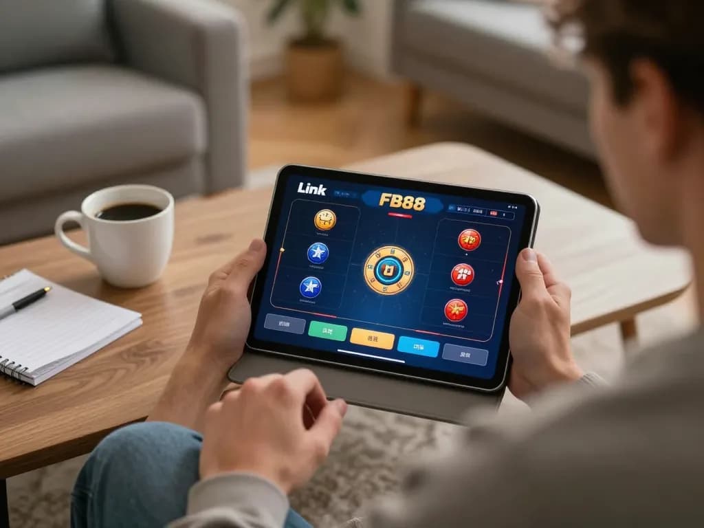 Engaging with Link FB88 interface on a tablet, demonstrating responsible gaming in a cozy home setting