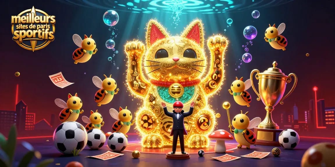 Les meilleurs sites de paris sportifs : Visualisez le chat porte-bonheur animé parmi des éléments de paris sportifs captivants.
