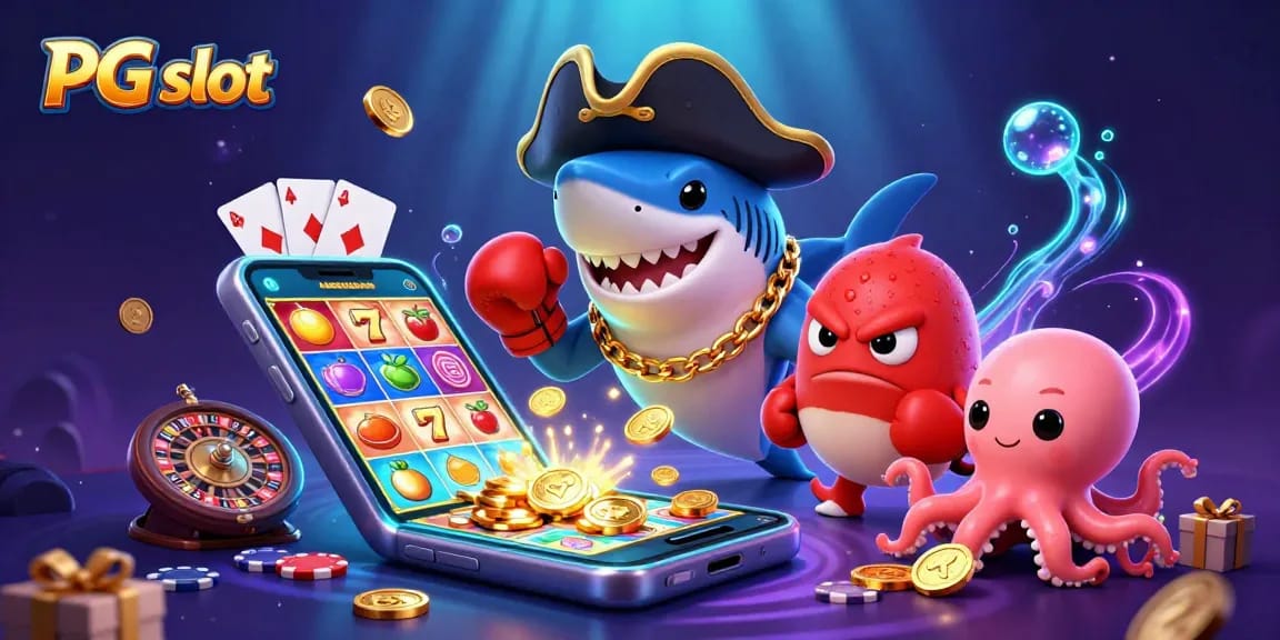 Spin PG slot reels with a cartoon pirate shark and friends amidst gold coins and vibrant casino elements.