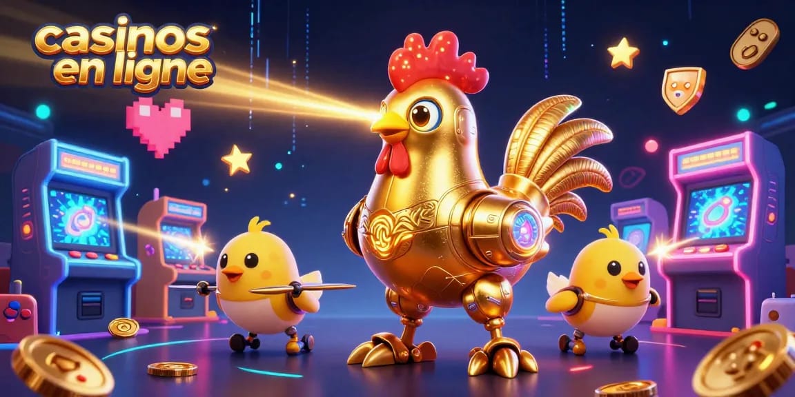 Visitez les casinos en ligne avec une scène dynamique de robots et de jeux d'arcade animés.