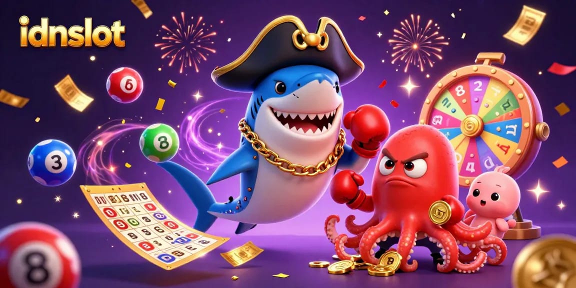Engage in gaming excitement with idnslot, featuring lottery balls and vibrant casino elements.