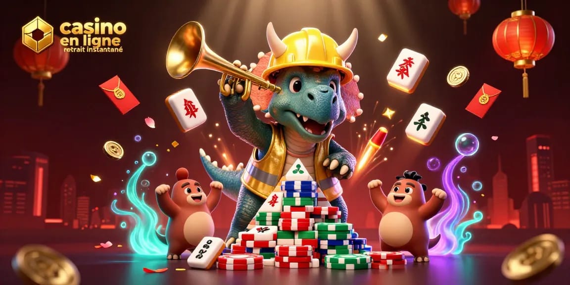 Illustration de casino en ligne retrait instantané avec triceratops construisant une pyramide de jetons de poker.