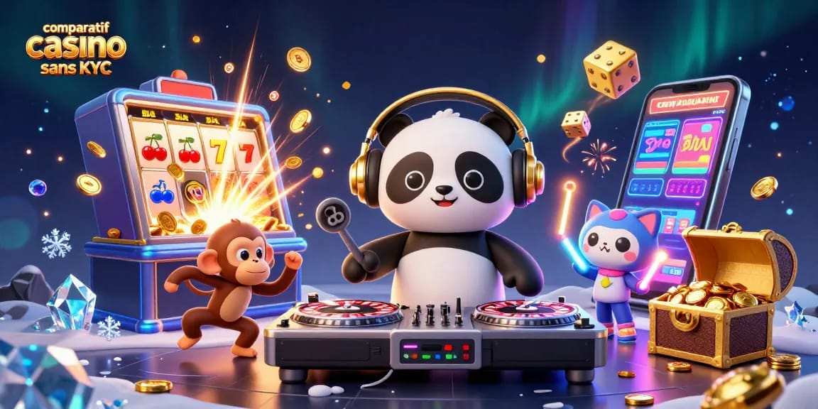 Comparatif casino sans KYC : Animation d'un panda DJ et de ses amis en pleine fête dans un casino.
