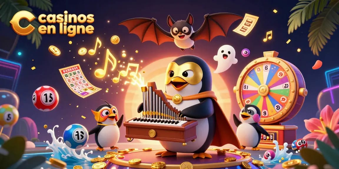 Un pingouin fantôme en demi-masque joue d’un orgue profitant des casinos en ligne avec des pièces dorées qui fusent.