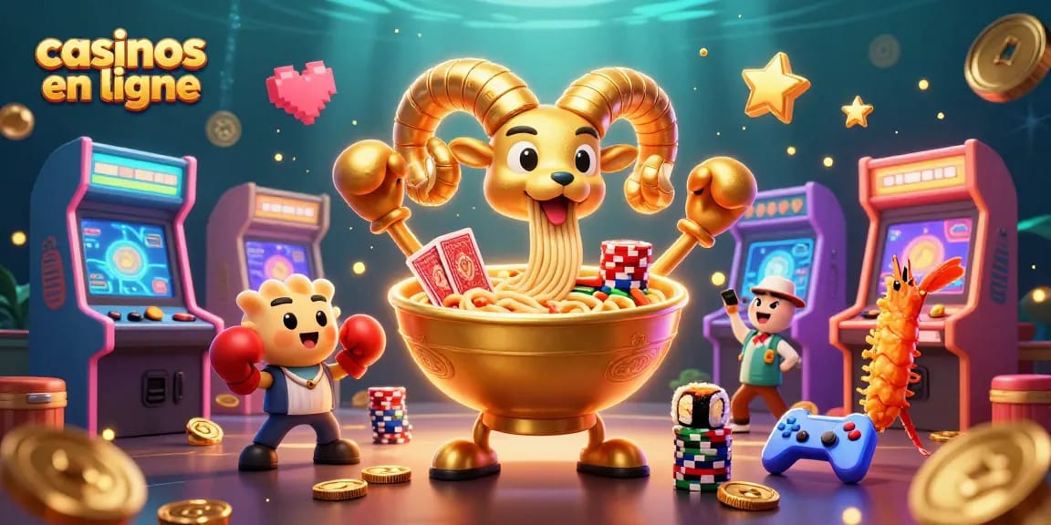 Illustration d'un ramen doré jouant aux casinos en ligne avec des éléments de jeu colorés.
