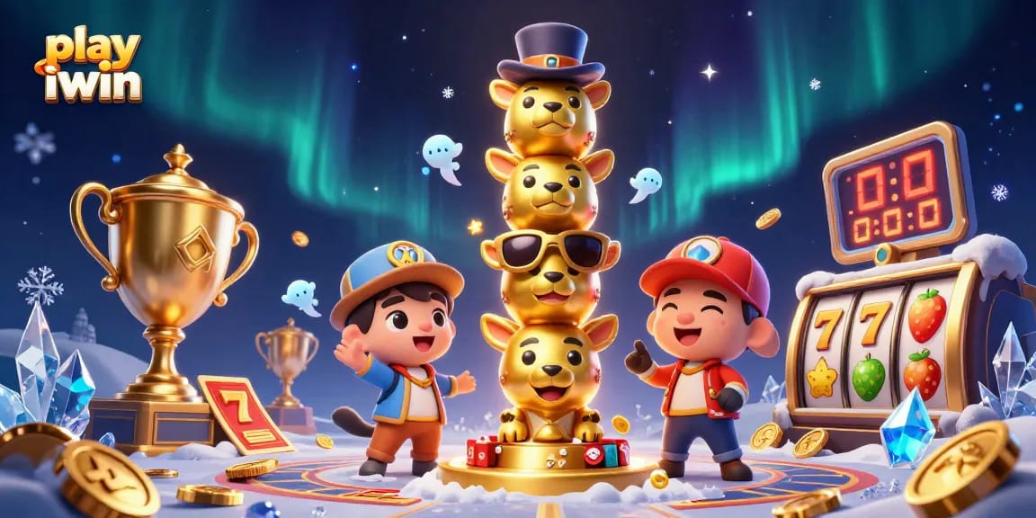 Play iwin in a vibrant casino scene with a golden totem pole and dynamic game elements