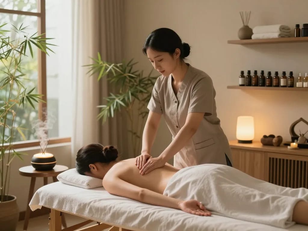 Swedish massage experience at https://www.makangs.com/region/국내/서울-/마사지-스웨디시 featuring a soothing therapy studio with calming decor.