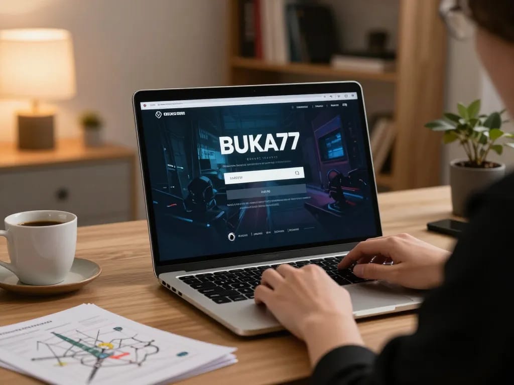 Engaging hand ready for BUKA77 LOGIN on laptop screen amidst a cozy gaming setup