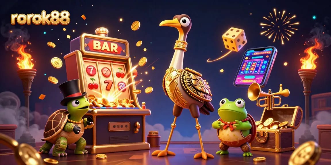 Experience thrilling gaming adventures with rokok88's vibrant 3D illustration showcasing luxury casino entertainment.