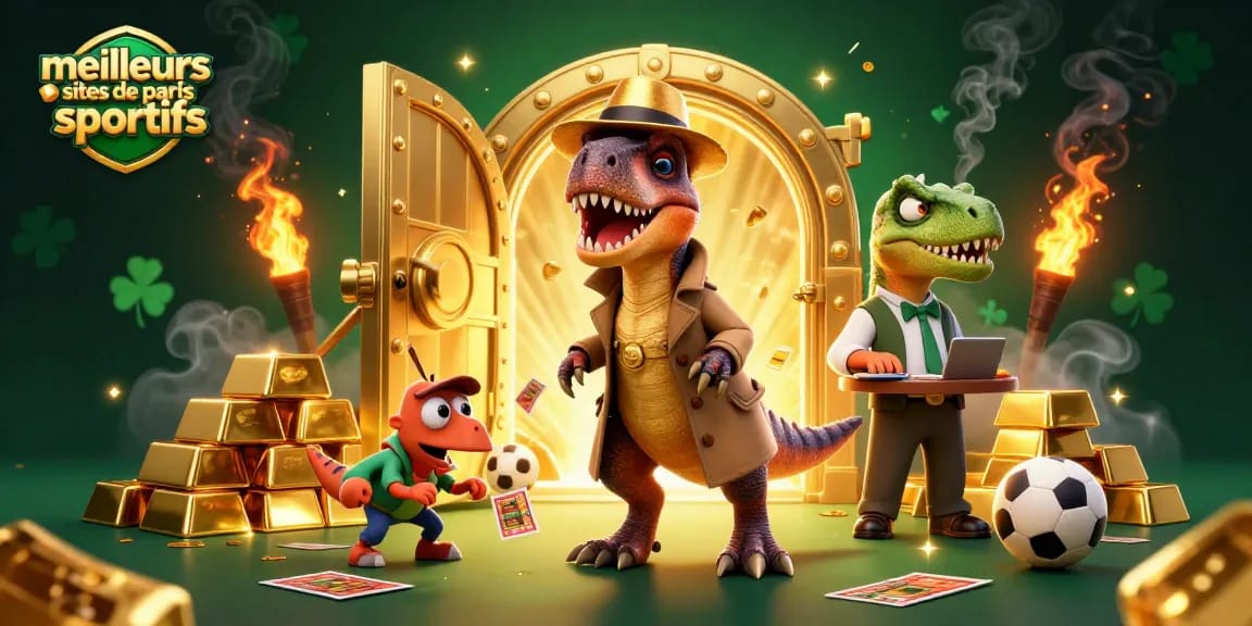 Les meilleurs sites de paris sportifs en action avec un velociraptor et un pit boss dans une scène riche en détails.