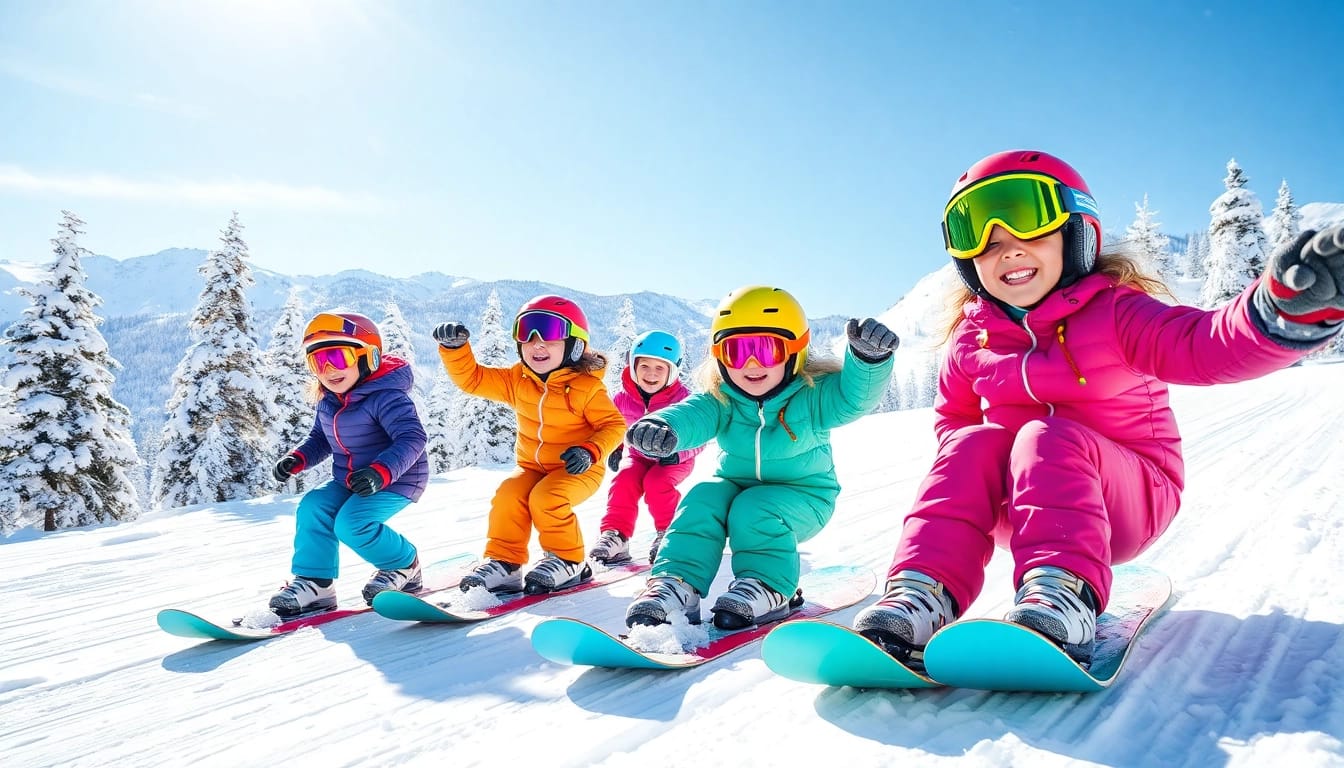 Kids snowboard equipment showcased as children joyfully ride vibrant snowboards on a snowy slope.
