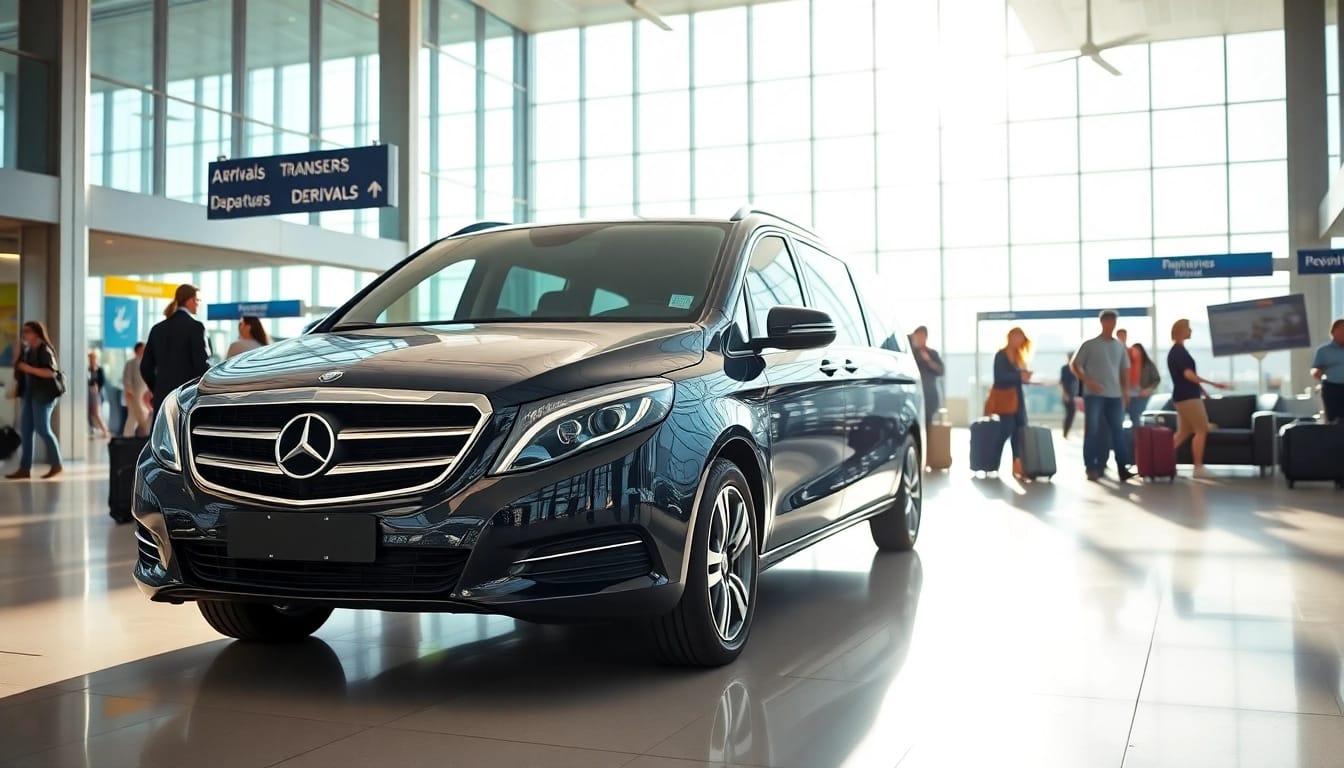 Streamlined Private Airport Transfers service at a bustling airport terminal with cars and travelers.