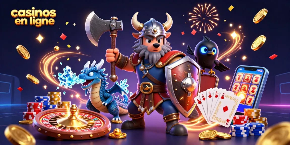 Gagnez avec des casinos en ligne dans une scène animée de guerrier viking et dragon.