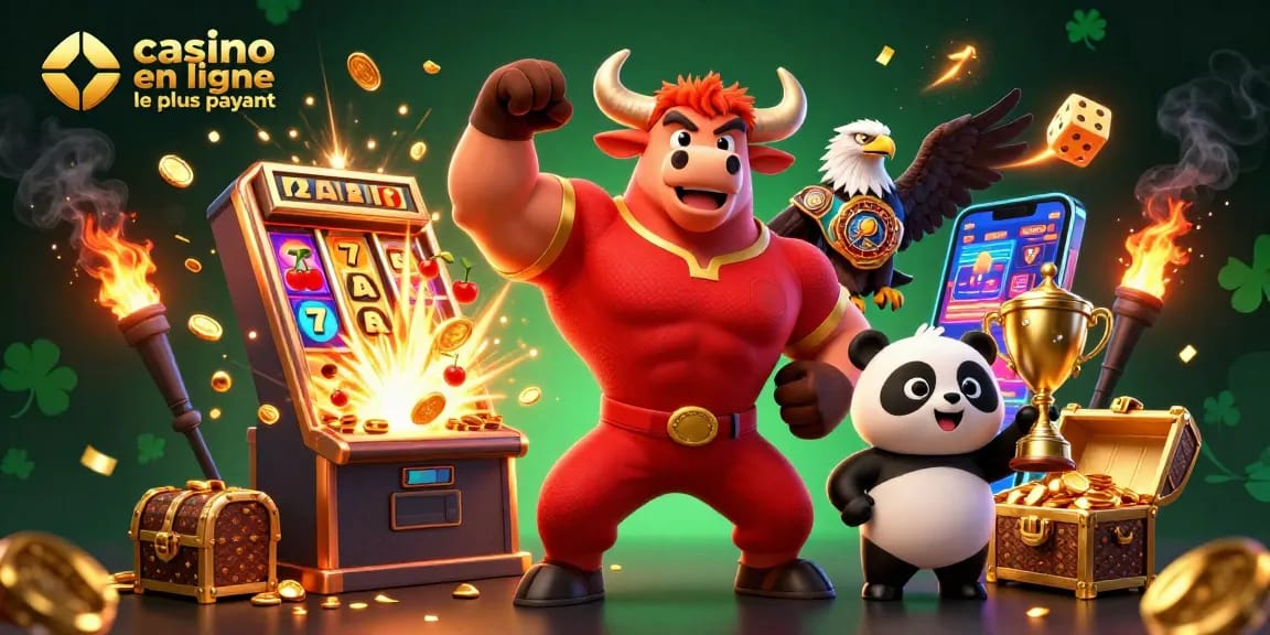 Découvrez le casino en ligne le plus rémunérateur avec un bull, un aigle et un panda, symbolisant la victoire.