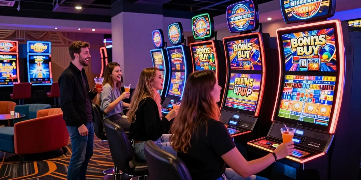 Excited players enjoying Bonus Buy slots at a vibrant casino, highlighting https://ampika.co.uk/ gaming experiences.