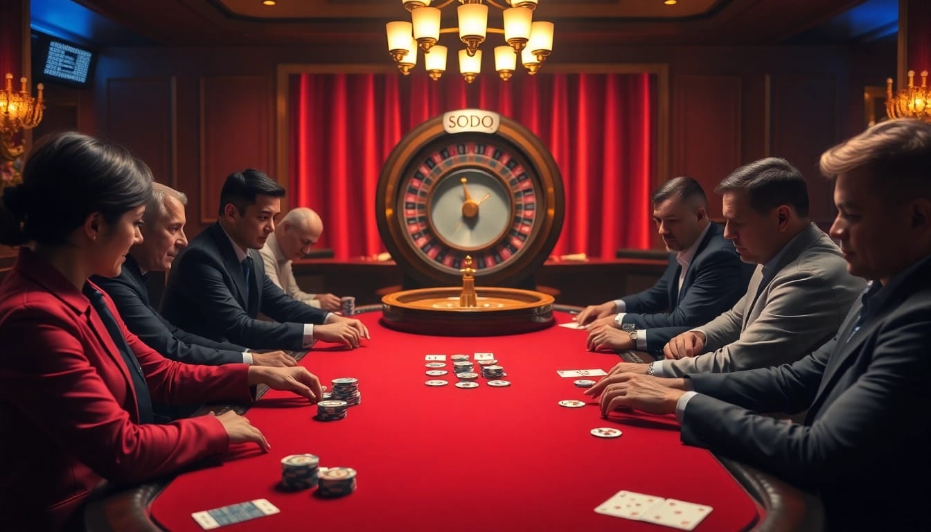Players at a SODO Casino poker table engaging in high-stakes betting with colorful chips.