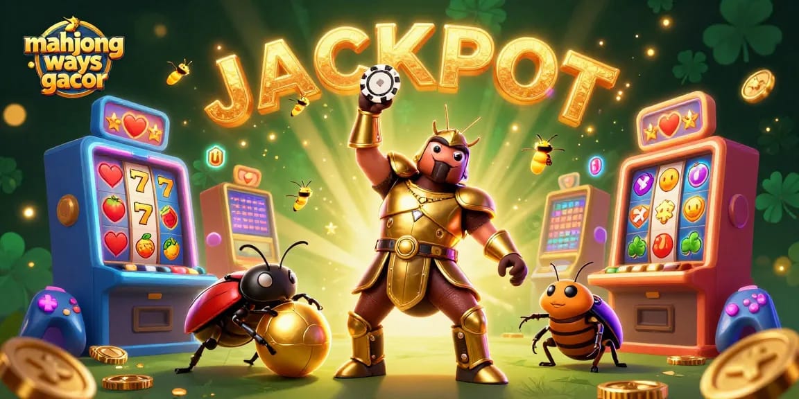 Engage with mahjong ways gacor as the victorious beetle lifts a poker chip in a lively casino scene