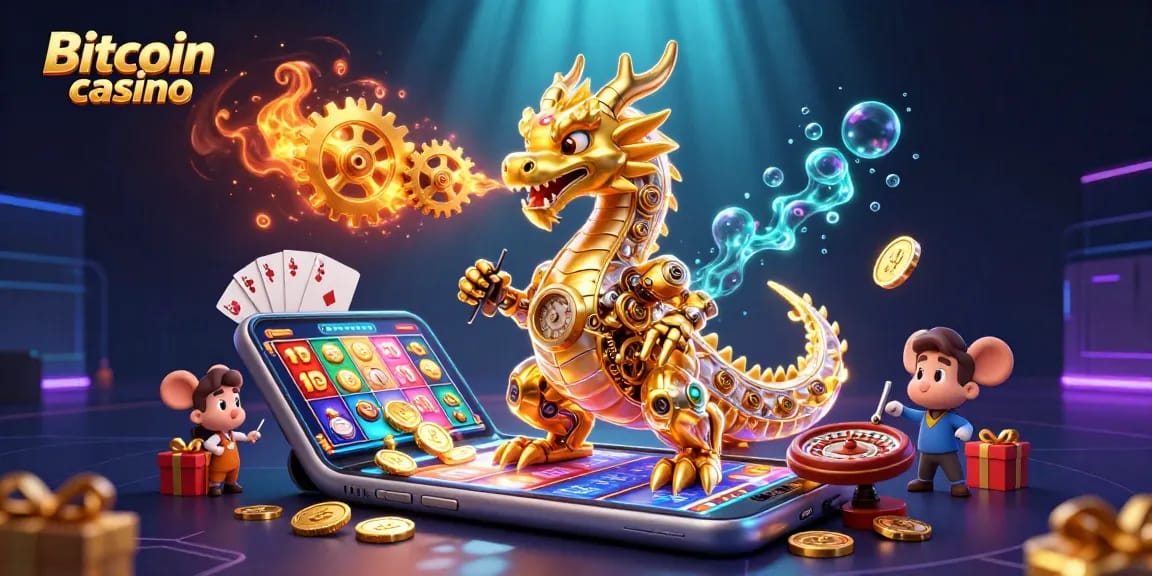 Jouez dans un casino Bitcoin avec un dragon en or et un ingénieur souris au milieu d'un jeu dynamique.