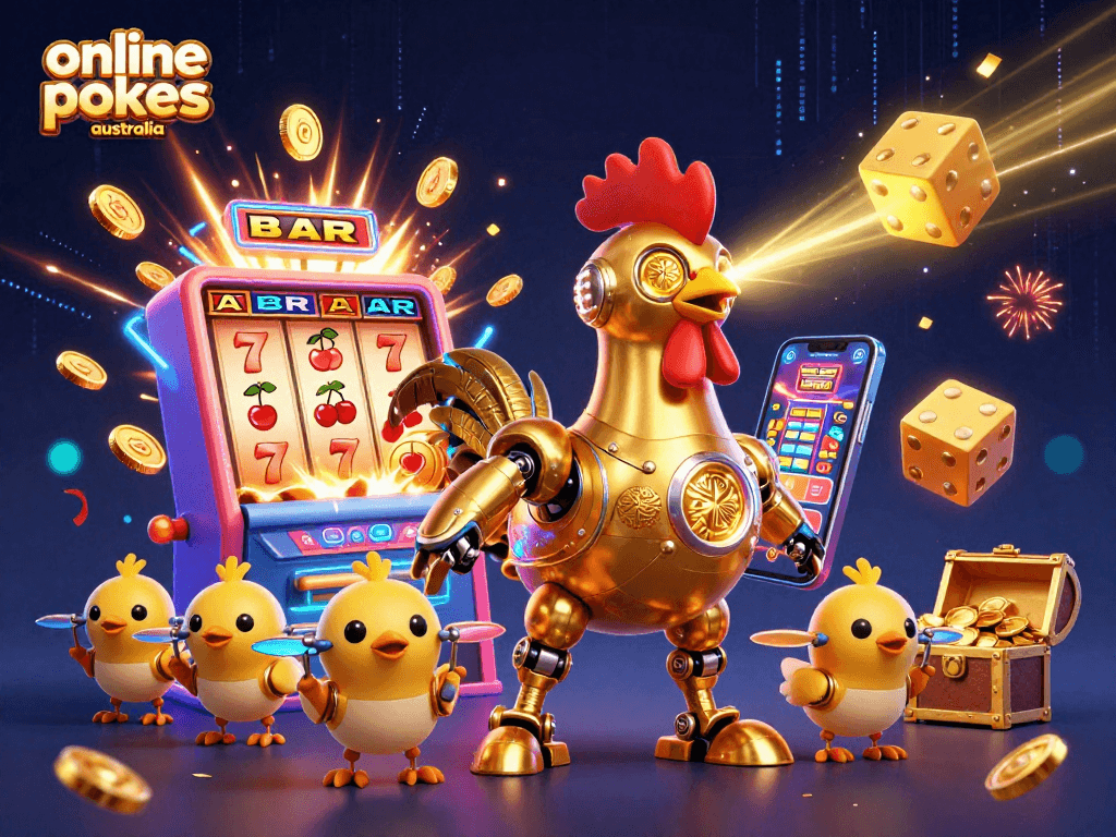 Engage with top online pokies Australia featuring vibrant 3D casino game elements, jackpot excitement, and fun characters.