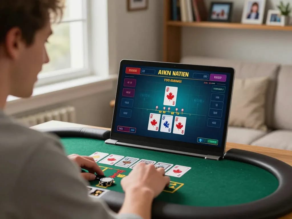 Canada online casinos reddit enthusiasts enjoying live dealer blackjack from home, showcasing strategic gaming moment.