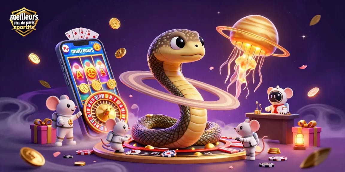 Visualisez les meilleurs sites de paris sportifs avec ce serpent Saturne et des astronautes mettant des paris.