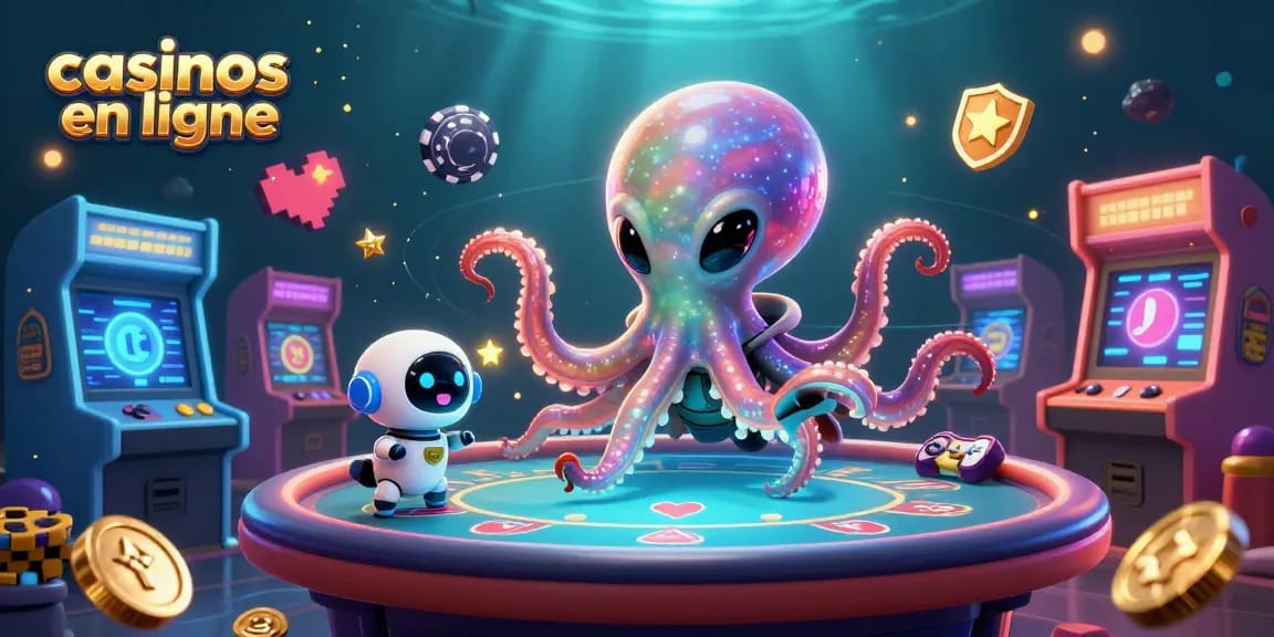 Venez découvrir les casinos en ligne avec une illustration dynamique de l'univers ludique et des jeux captivants.