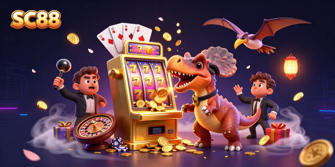 SC88 casino scene featuring a pachycephalosaurus winning jackpots at a slot machine.
