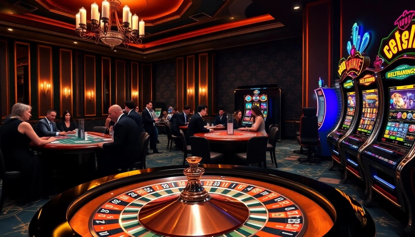 Joueurs engagés dans un casino en ligne de luxe en France avec roulette, poker et machines à sous colorées.