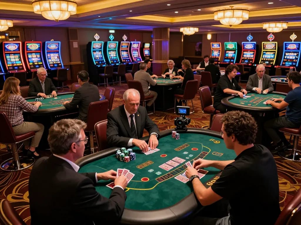 MM 88 players engaged in blackjack, strategic moments captured on a vibrant casino floor.